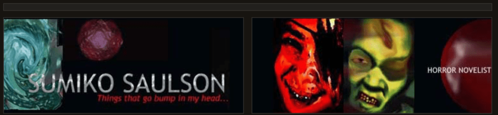 A vibrant graphic featuring the name 'SUMIKO SAULSON' alongside abstract designs and images evoking horror themes.